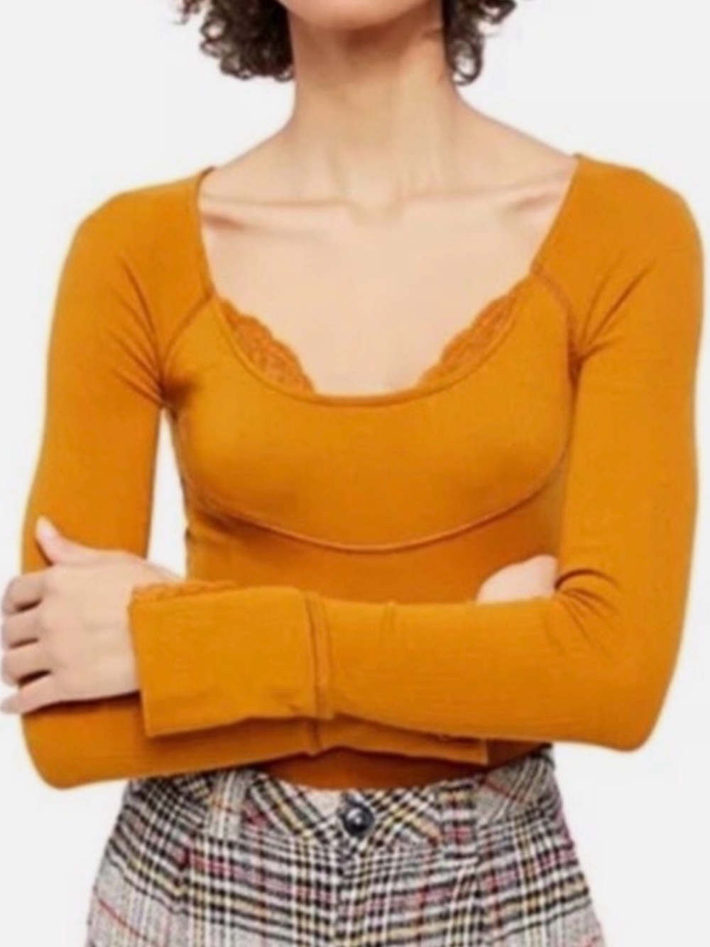 Free People ~ Scoop Neck Top w/ Lace Edging ~ Long Sleeve ~ Mustard Yellow NWT